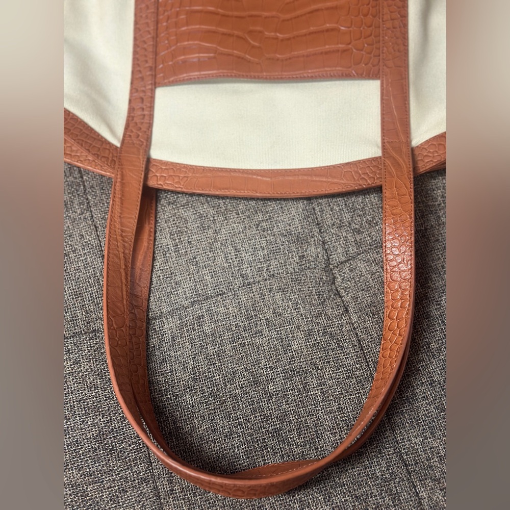 Sancia Minka Canvas and Croc Embossed Cowhide Leather Tote Bag In Cognac/White - Picture 4 of 16